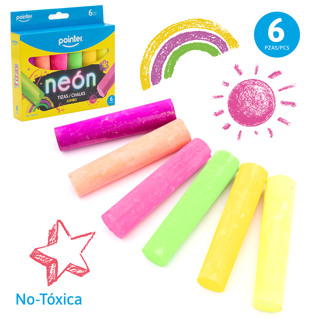 7453010084400 Tizas jumbo neón paquete X6 colores surtidos CHK-22112 Pointer - Imagen 1