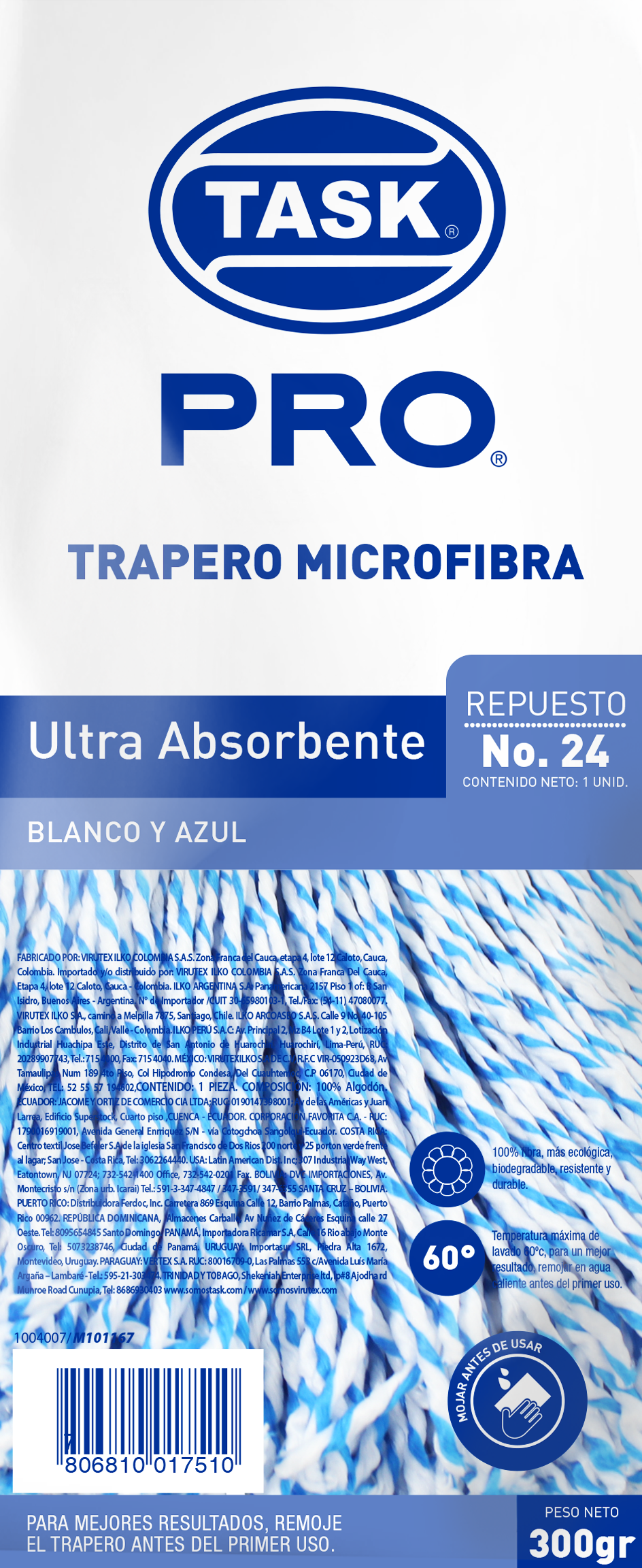 Repuesto trapera microfibra Blanco y Azul ultra absorbente 300gr