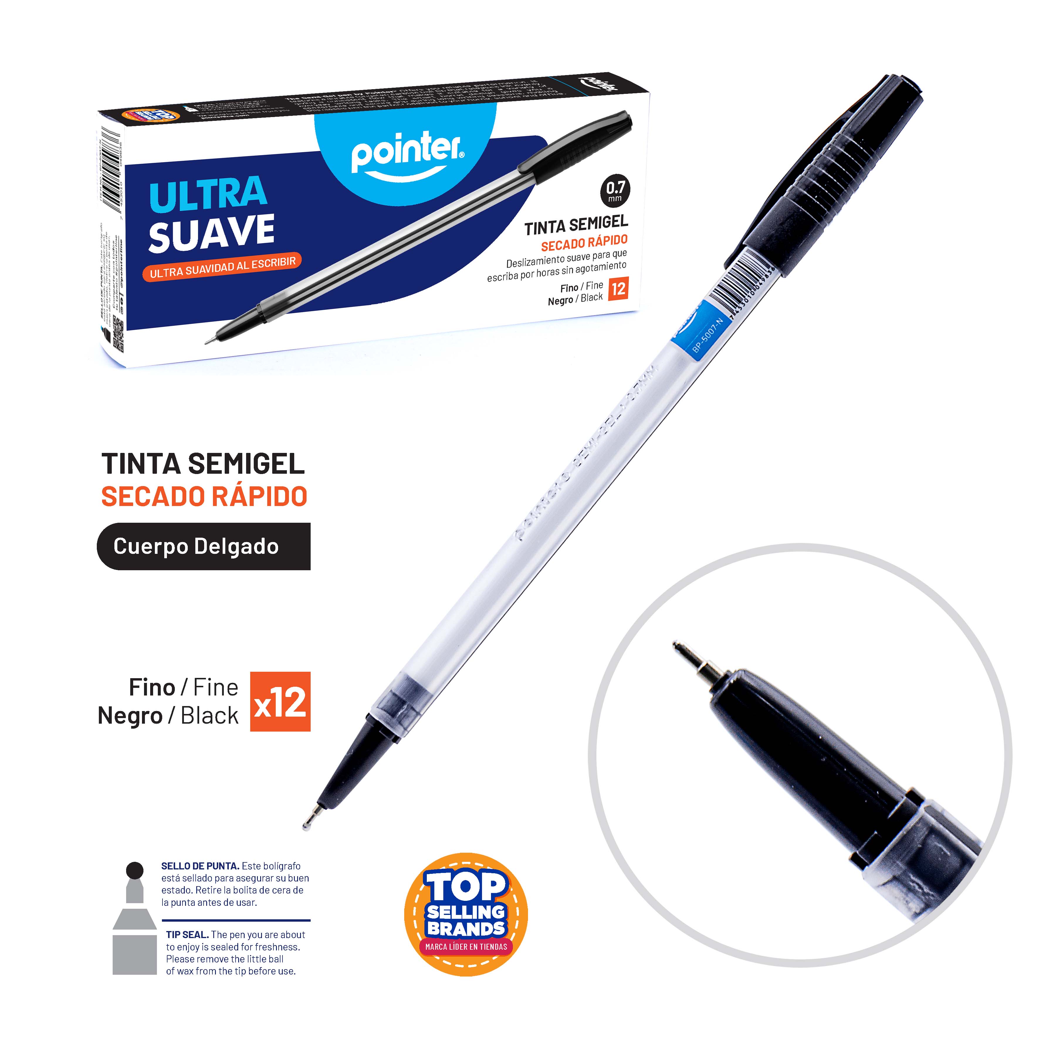Bolígrafo Pointer semigel 0.7mm X12 negro BP-5007-N