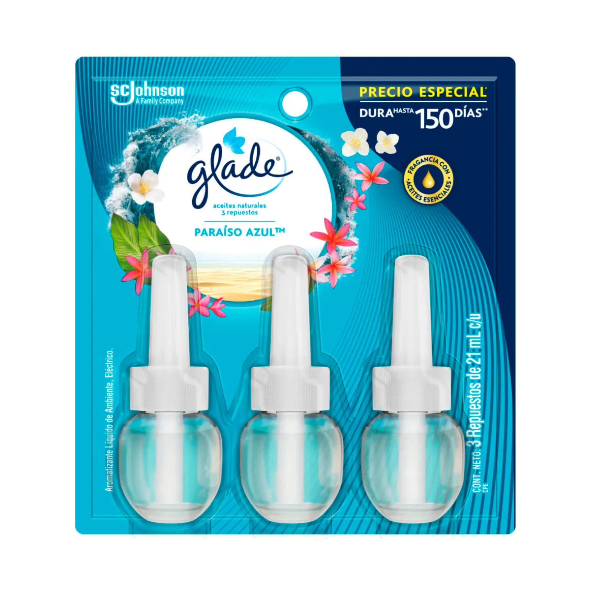 Ambientador Glade Plugins Aceite blister X3 Paraiso Azul 21Ml