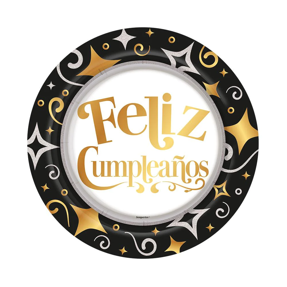 images Plato feliz cumpleaños dorado-negro Paquete X8 Sempertex - Imagen 1