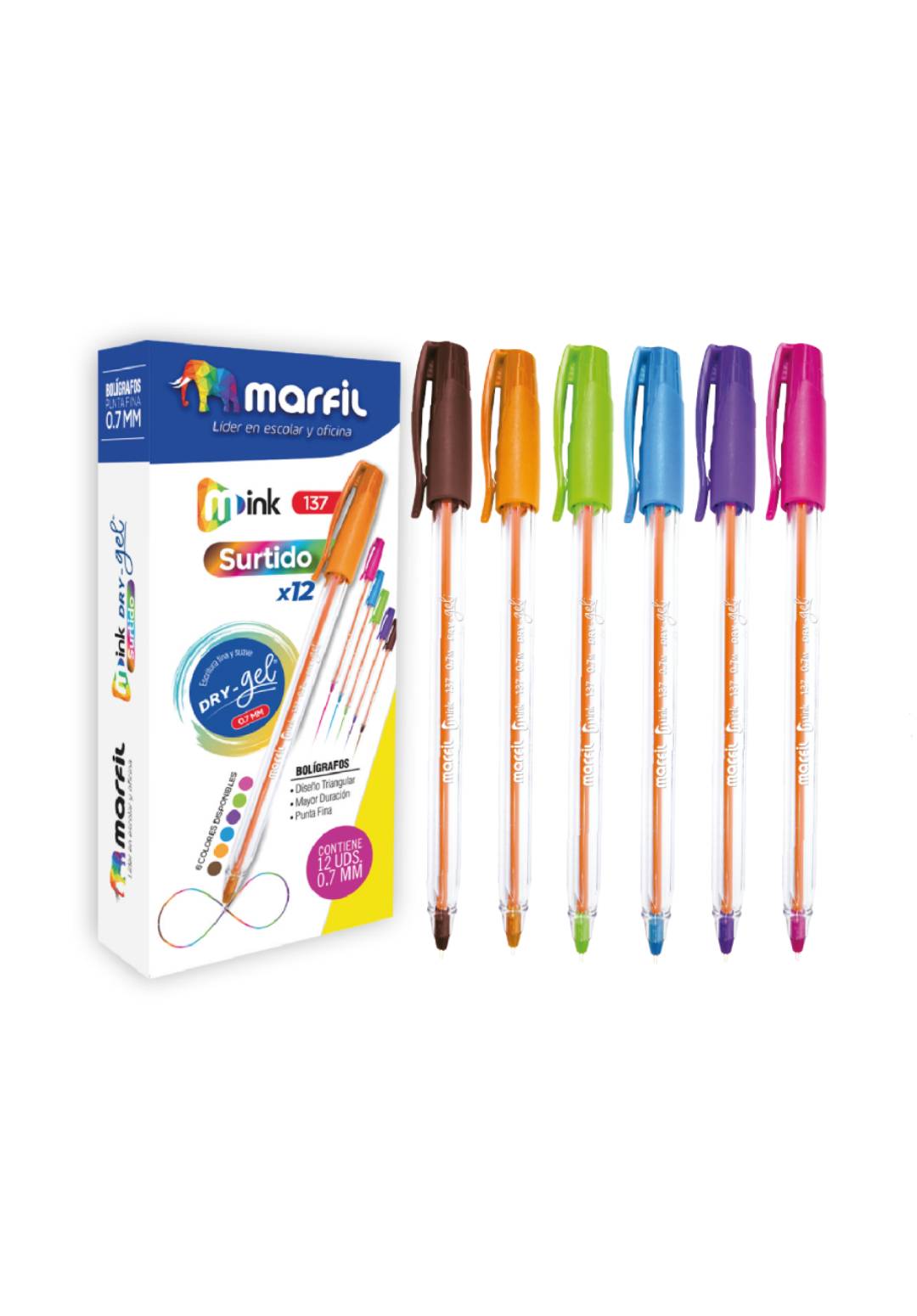 Bolígrafos Marfil Surtido X12 0.7MM Colores Cafe, Azul, Verde, Morado, Naranja, Rosado.