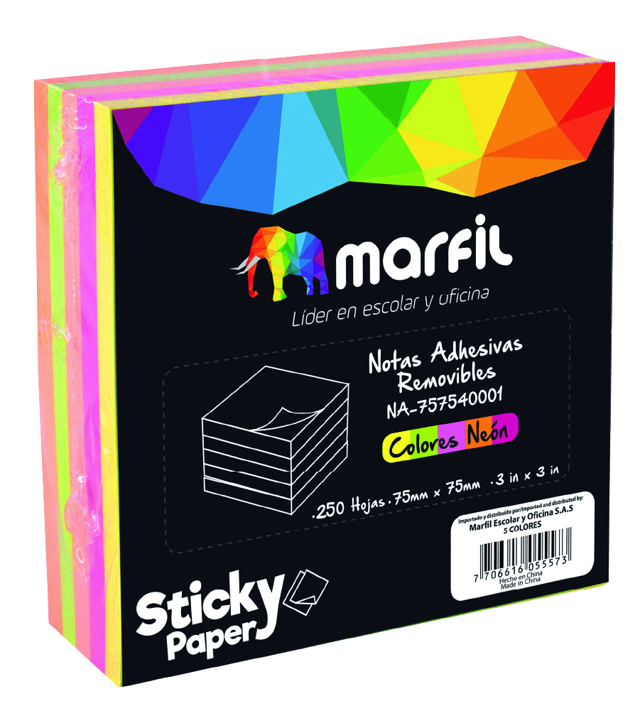 Adhesivo taco notas Marfil 250 Hojas neón 3X3