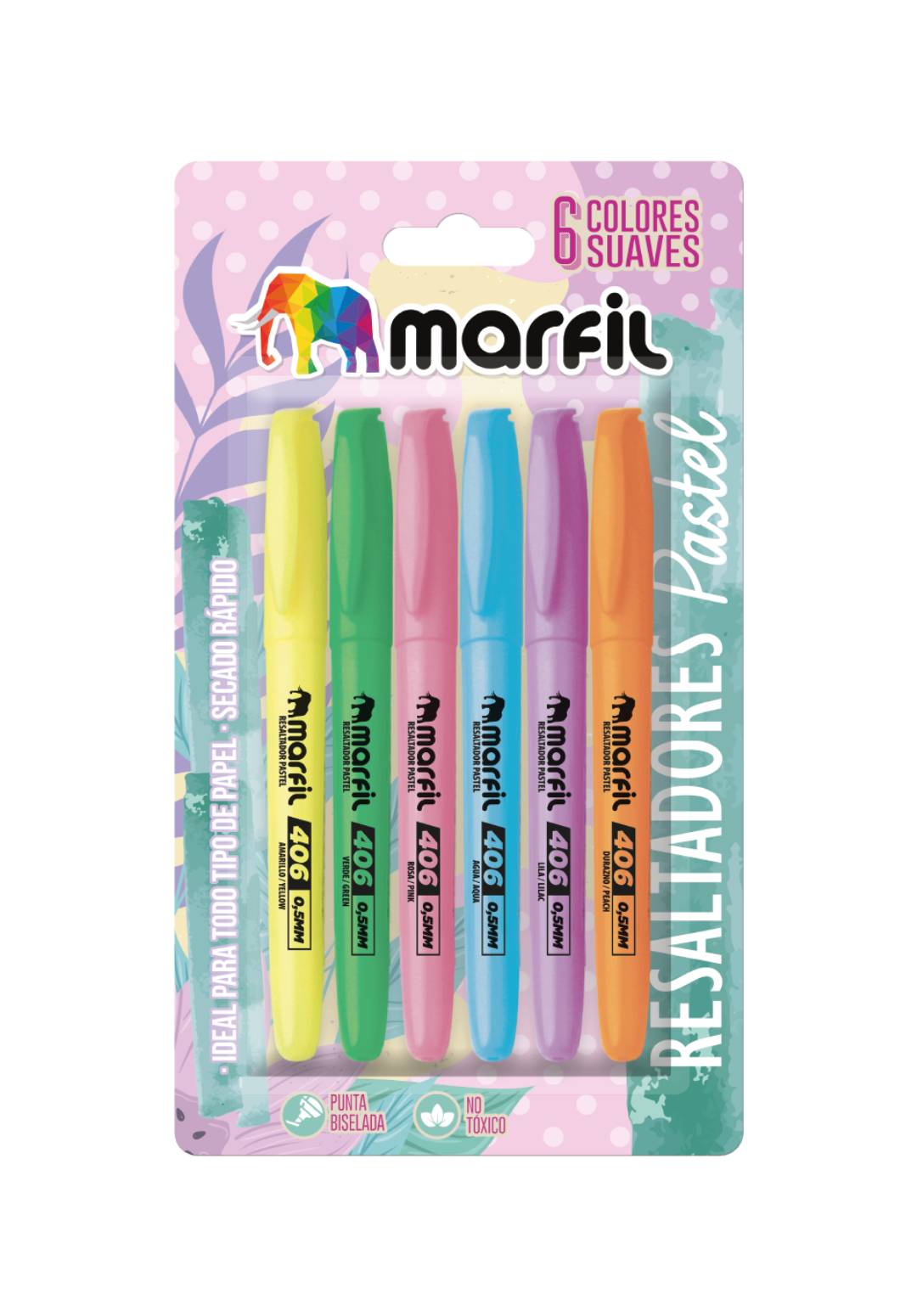 Resaltador Delgado Pastel Marfil X6 0,5MM Colores Lila, Agua, Rosa, Verde, Durazno, Amarillo 