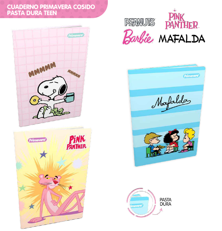 Cuaderno cosido 100 Hojas Pasta dura Teen Barbie-Mafalda-Peanuts-Pantera Rosa