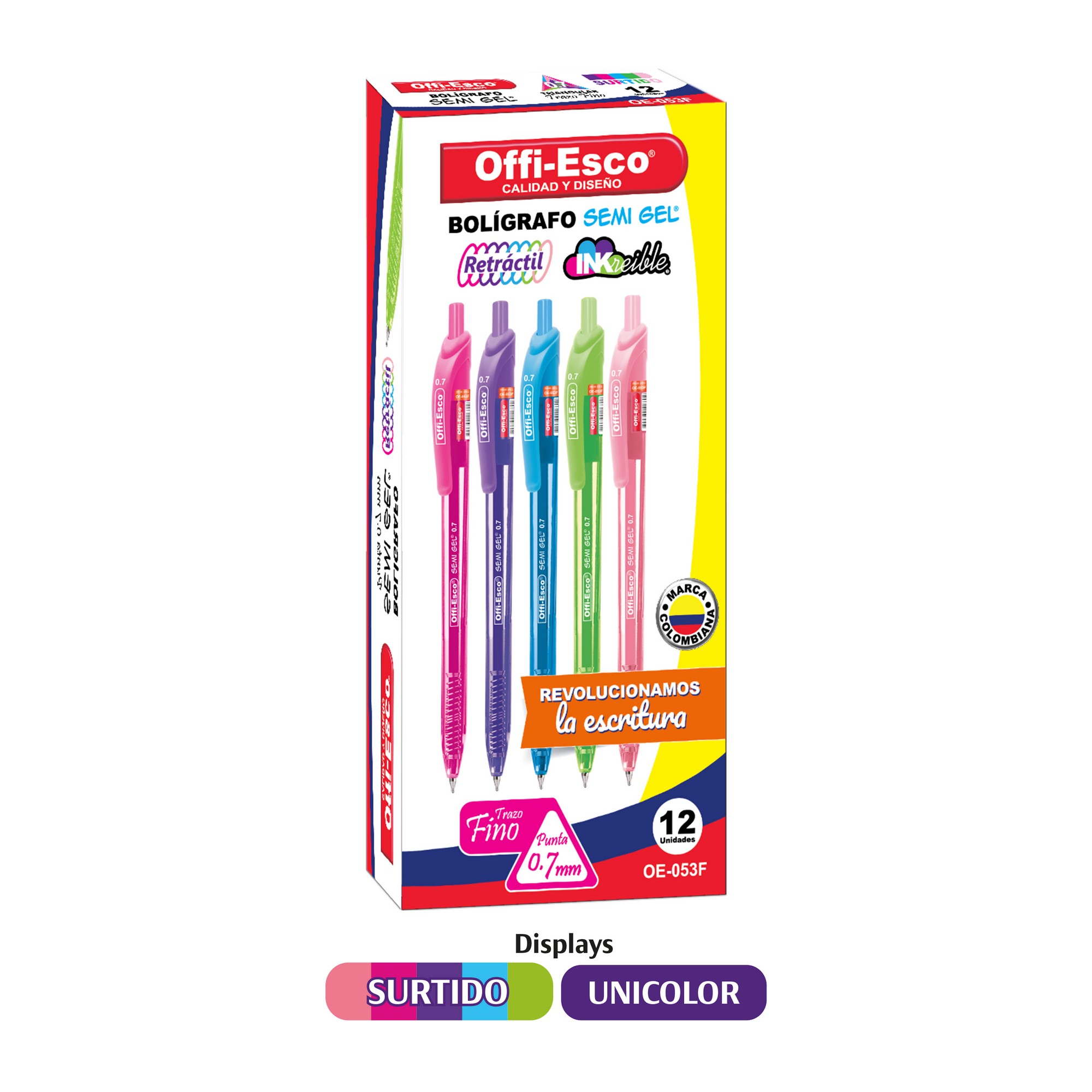 Bolígrafo Offi-Esco semi gel 0.7 m retráctil colores surtidos X12 OE-053F