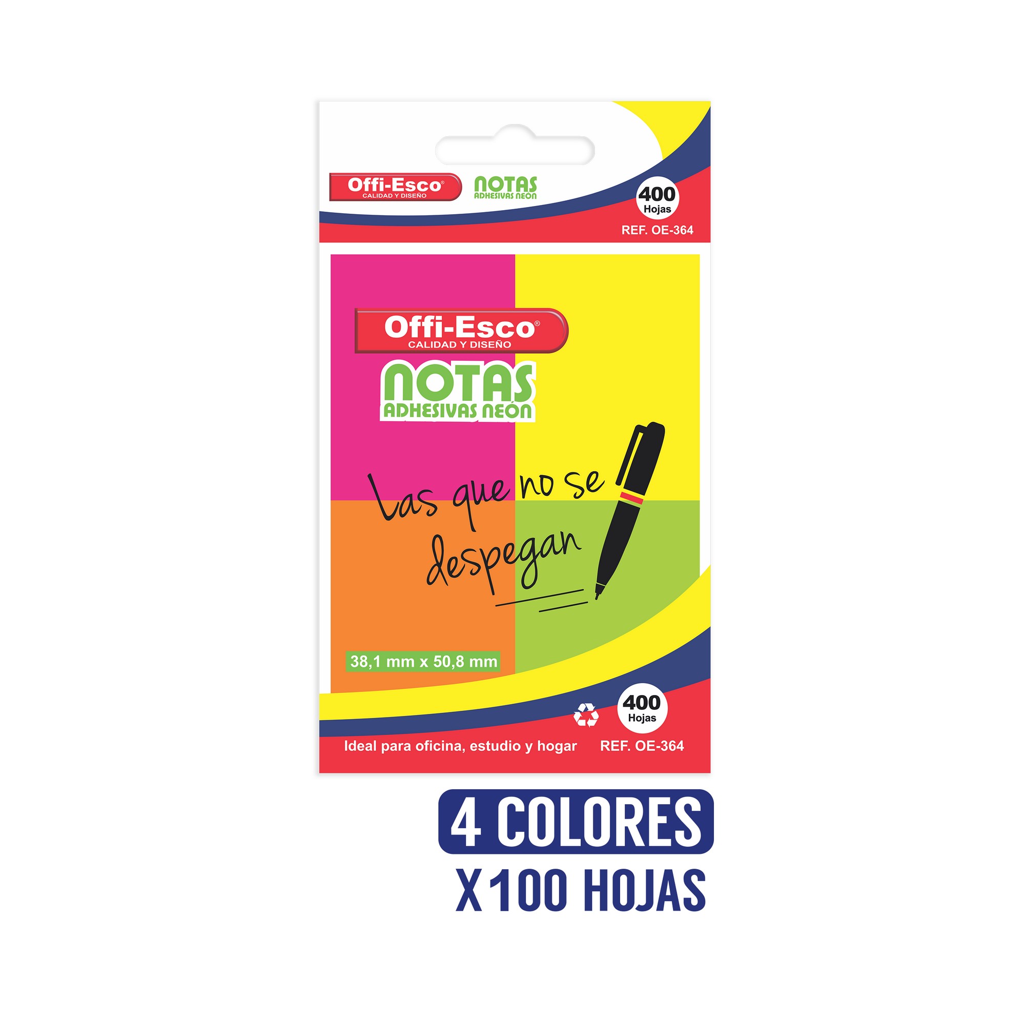 Notas adhesivas Offi-Esco neón X4 38X50mm 400 hojas