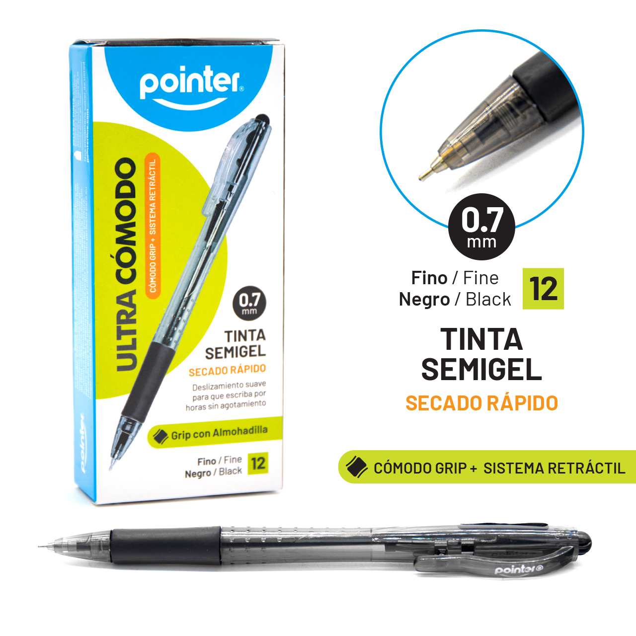 images Bolígrafo Pointer 0.7mm gel retráctil negro X12 ultracómodo BP-407-N - Imagen 1
