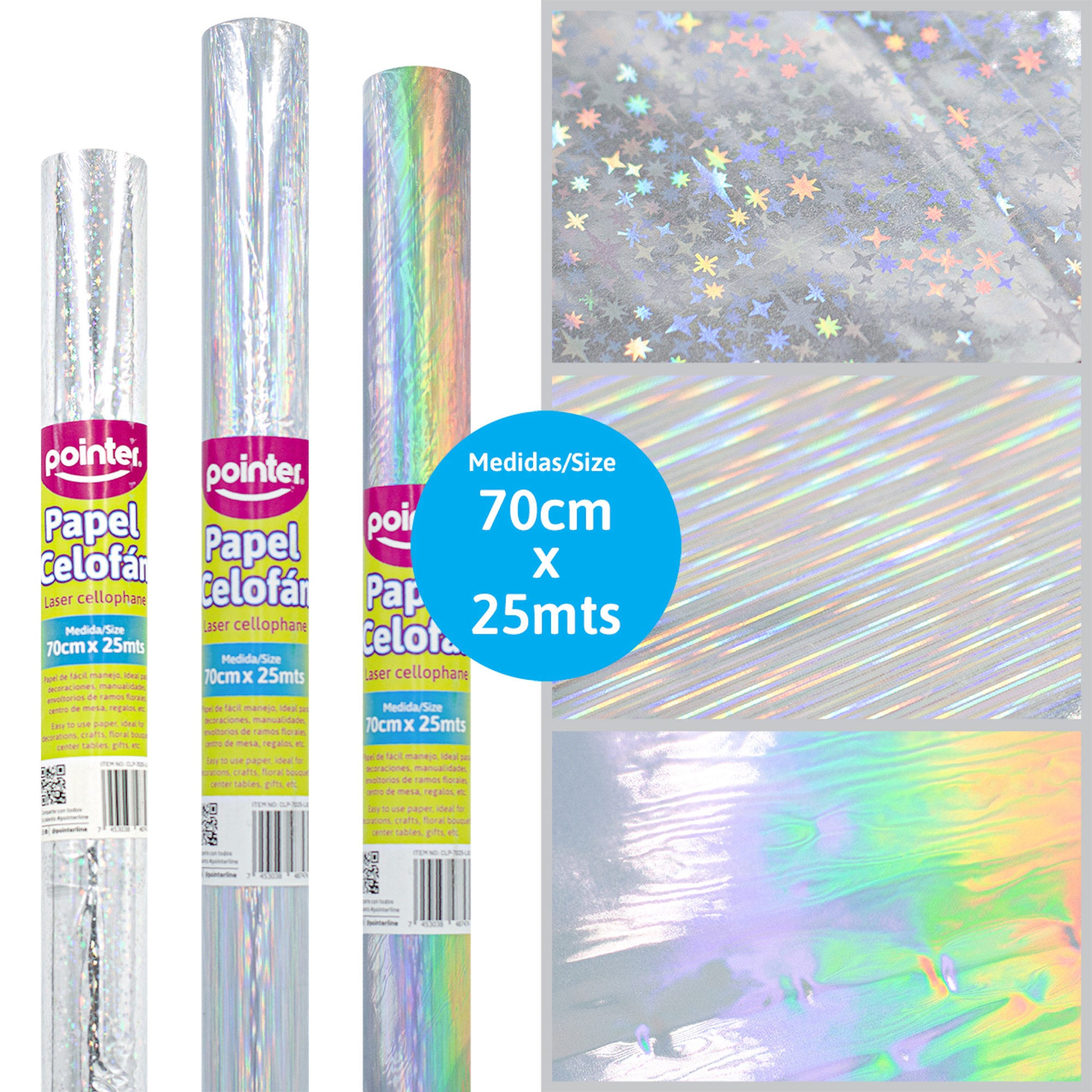 Papel celofán 70cmX25Mts tornasolado (Estrellas-Rallas-Tornasol) Pointer CLP-7025-LAS