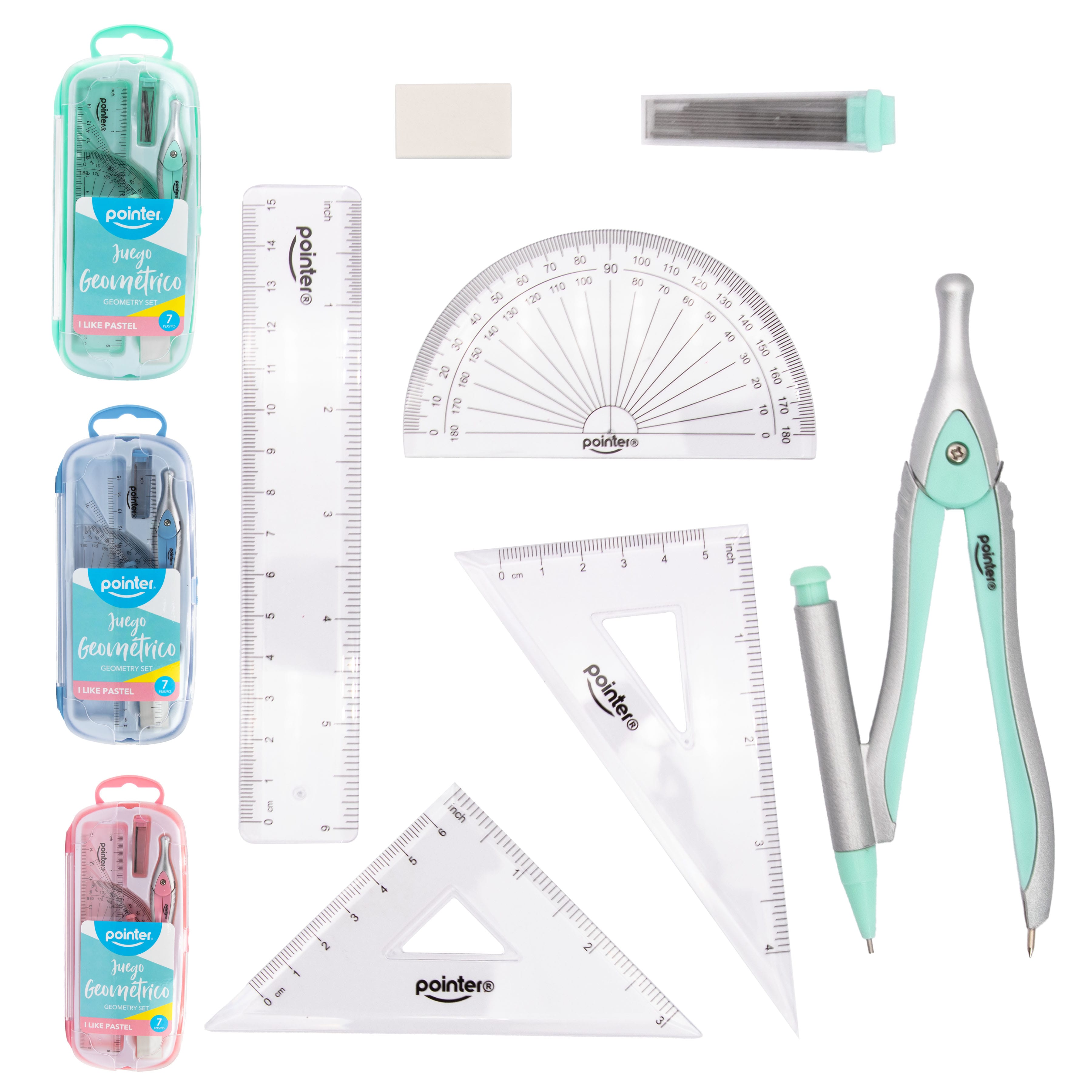 Set de reglas geométricas + Compás de 7 piezas pastel Pointer CM-2315