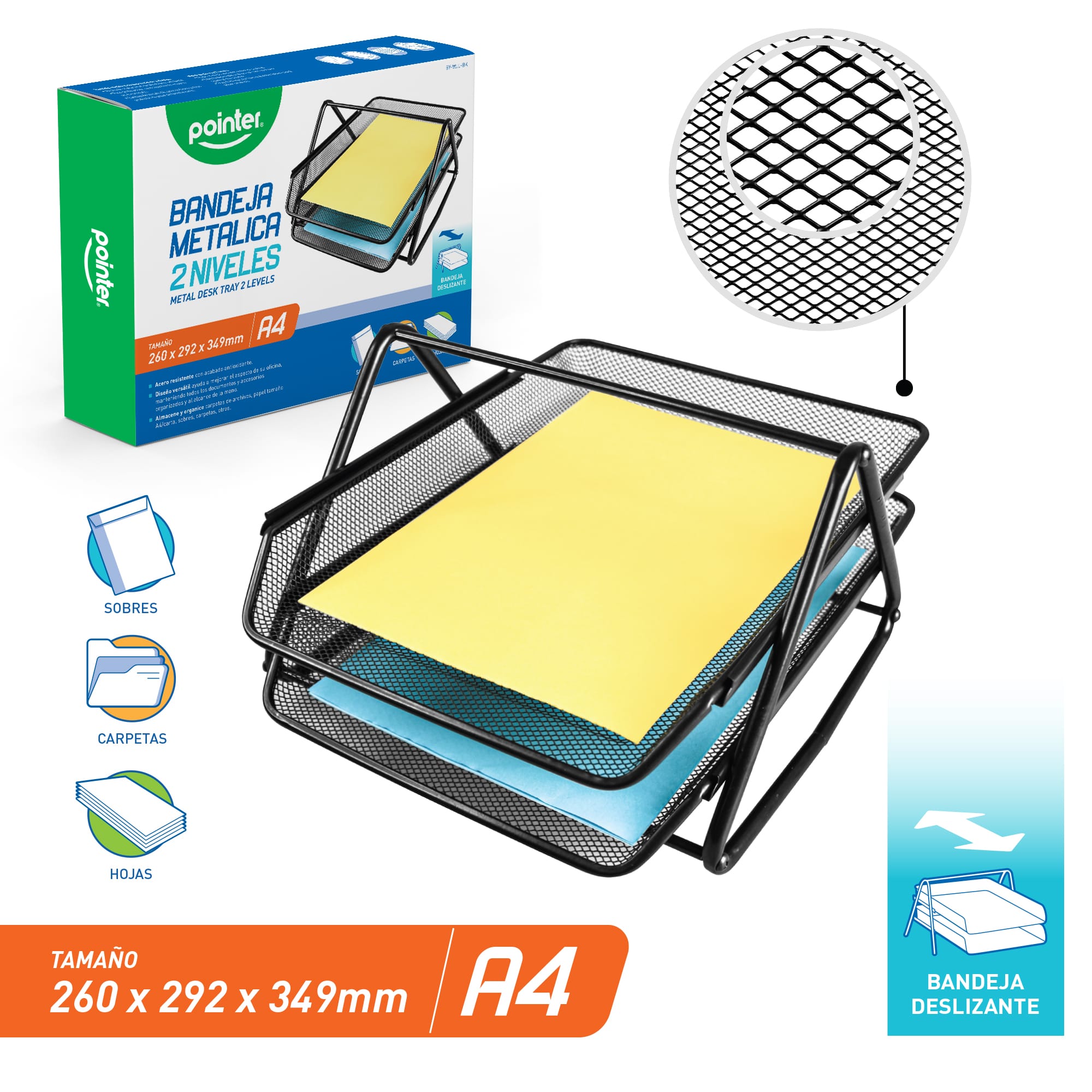 Bandeja de escritorio metálica 2 Puestos HY-WJL-2-BK Pointer