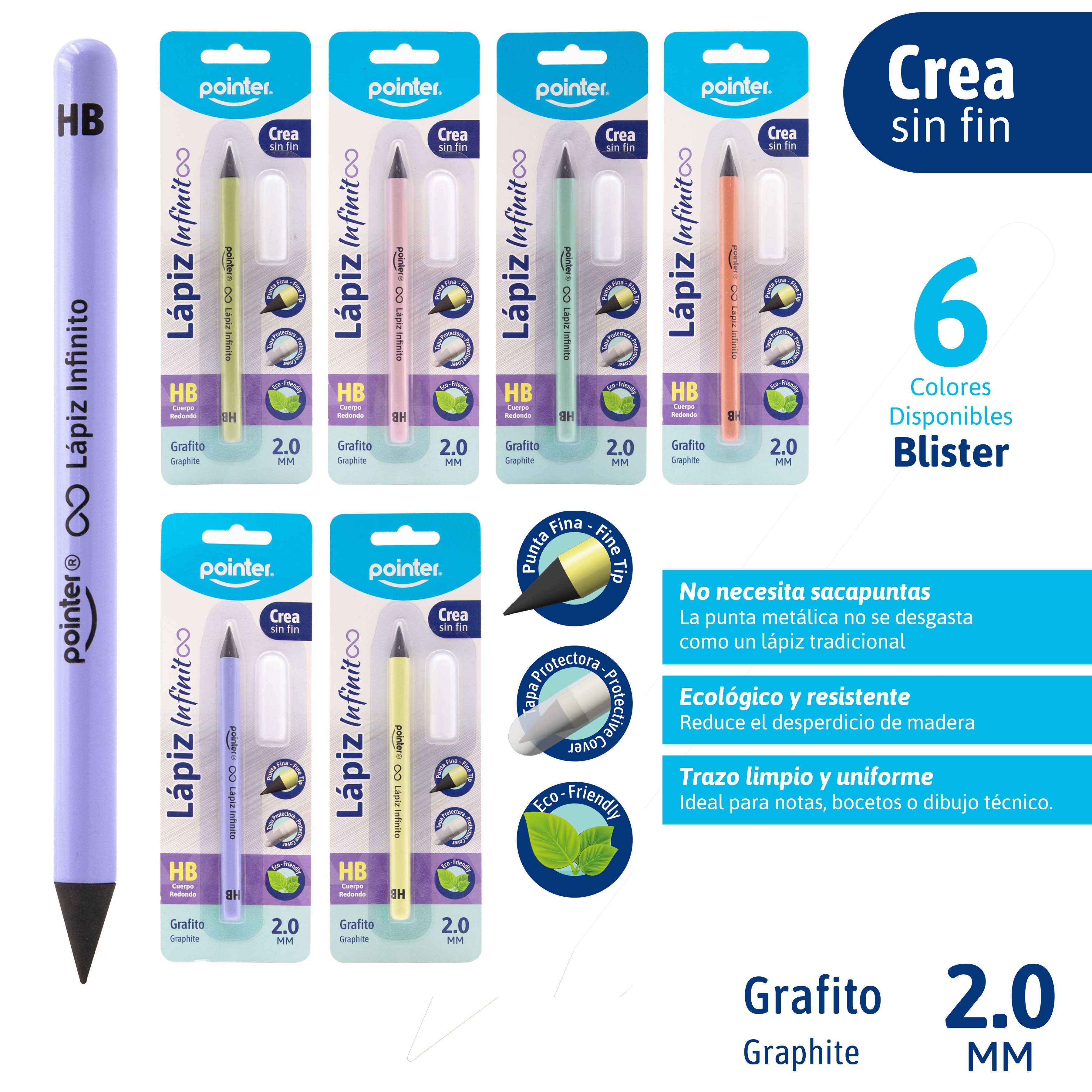 Lápiz Pointer 2.0mm infinito grafito HB cuerpo redondo