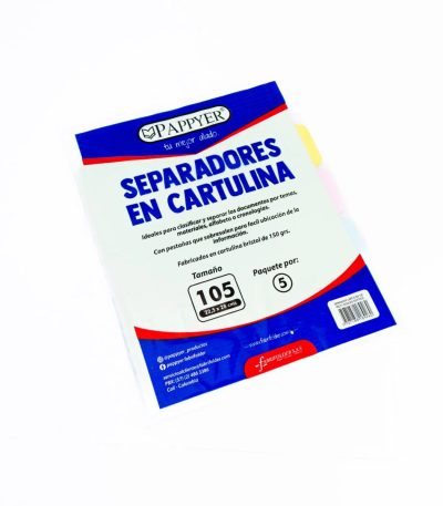 Separadores de cartulina colores surtidos paquete x5 Pappyer tamaño 105